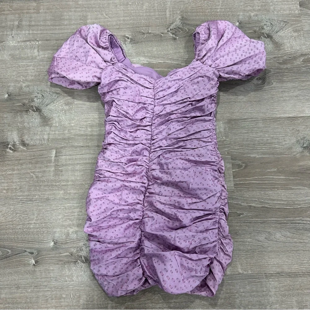HUTCH x Anthropologie Wren Mini Dress Lilac Ruched Off the Shoulder Dress - Picture 5 of 12